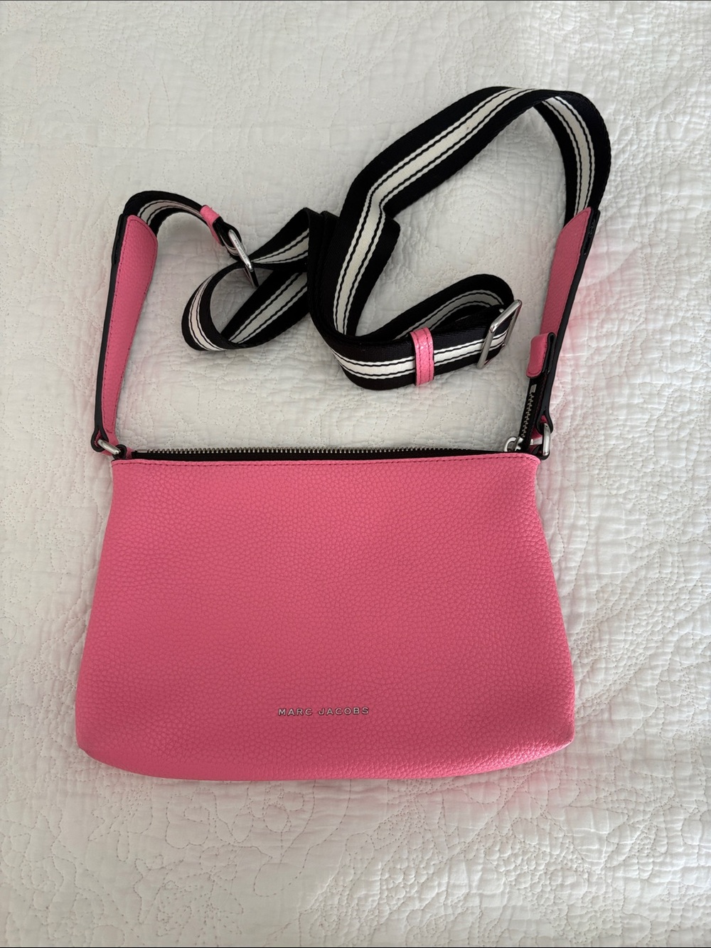 Marc Jacobs Bubblegum Pink Pebbled Leather Crossbody with Striped Strap